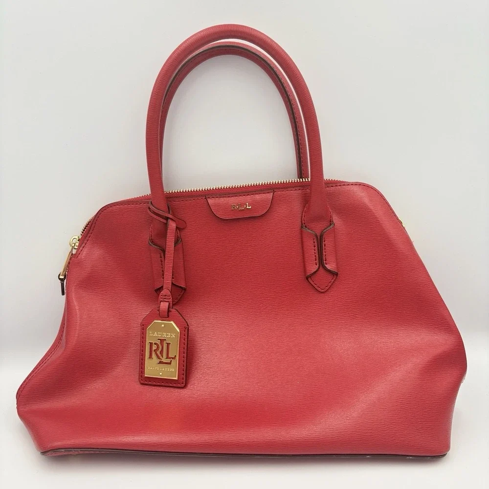 Ralph Lauren Tate Dome Satchel Red Leather Bag Gold Accents No Shoulder Strap - Picture 1 of 16